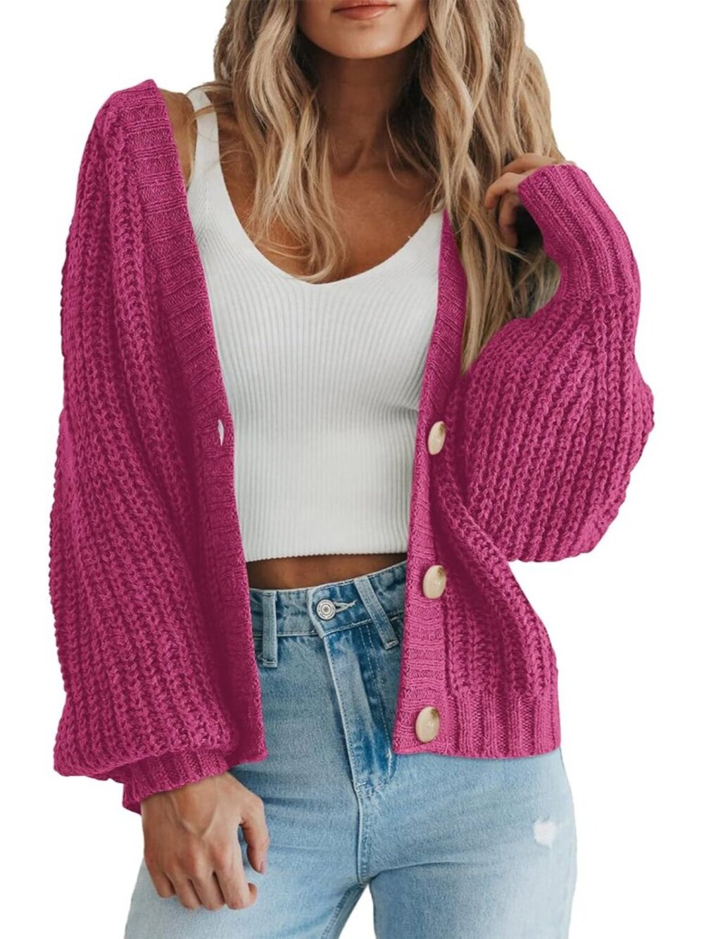 Women's Chunky Knit Open Front Cardigan Sweaters Fall Outfits | V Neck Button Lo